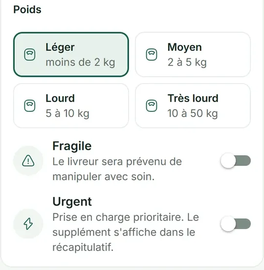 Choix du poids (léger à très lourd, jusqu'à 50 kg), options fragile et urgent.