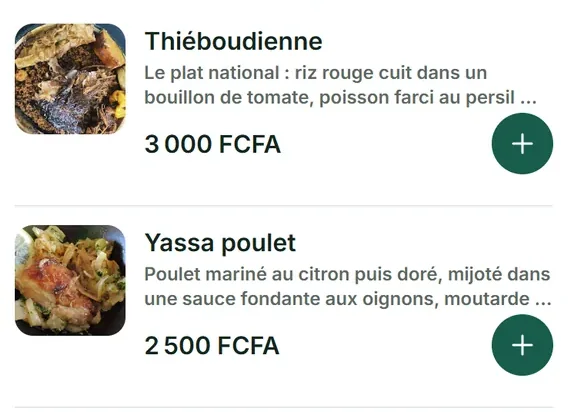 Menu d'un restaurant : thiéboudienne 3 000 FCFA, yassa poulet 2 500 FCFA.