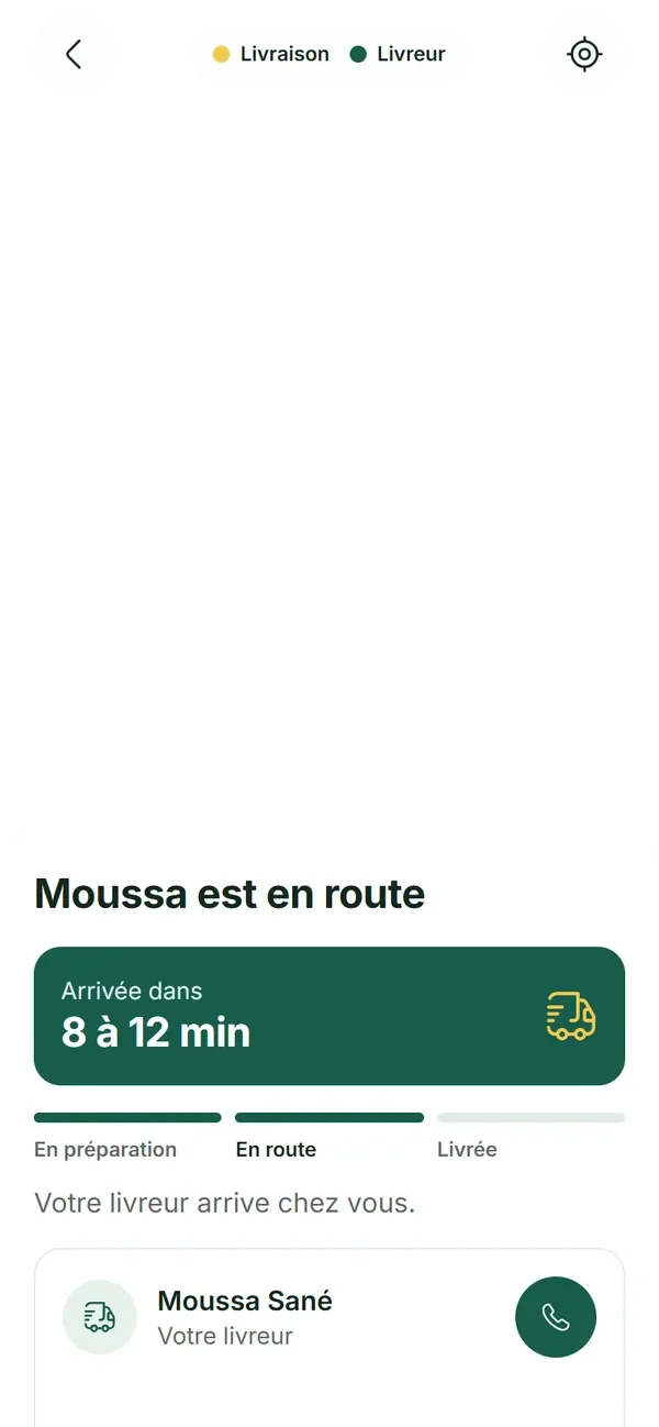 Écran de suivi : Moussa est en route, arrivée dans 8 à 12 minutes.